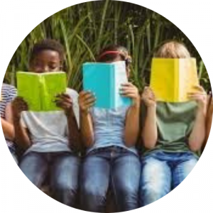 children holding multip color books reading